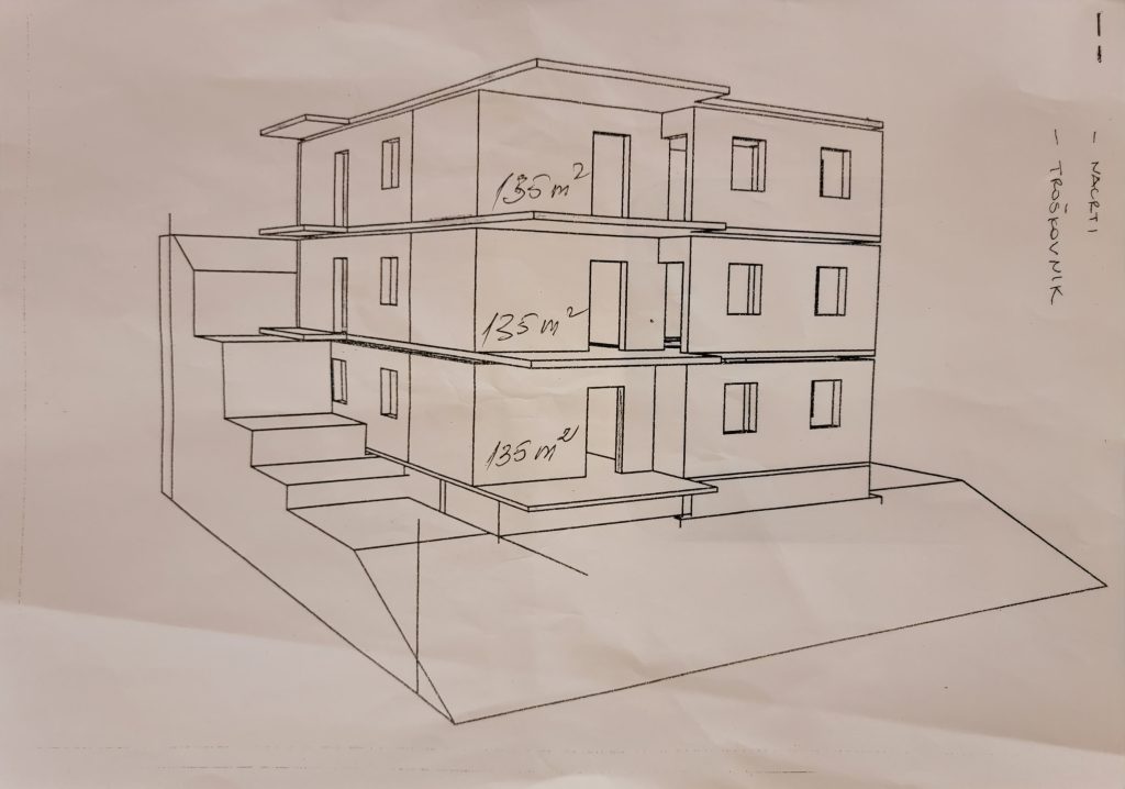 Kuća nacrt sa mjerama. tri kata iz vani